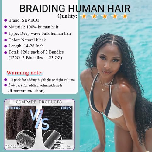 Seveco Deep Wave Braiding Human Hair - 22 Inch Virgin Curly Bundles, Knotless Boho Braids, 120g