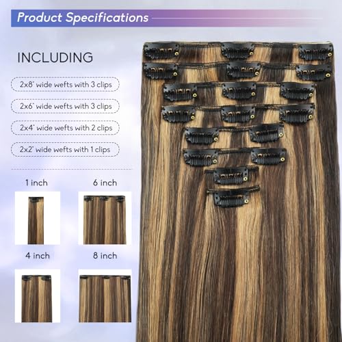 Clip in Hair Extensions Real Human Hair Balayage - Dark Brown to Chestnut Brown 18 Inch
