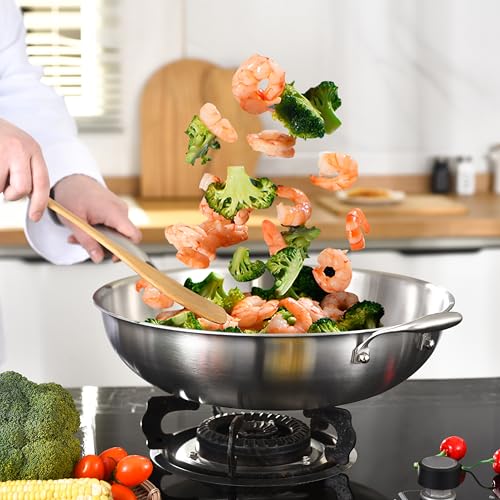 14.5 Inch Stainless Steel Stir-Fry Wok Pan with Steel Lid - Energy Saving, Durable