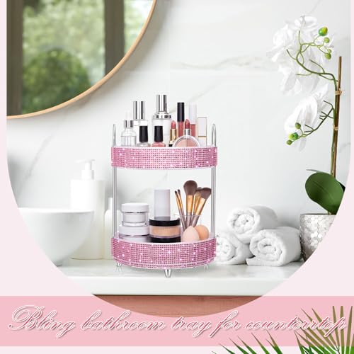 Honeydak 360 Rotating Perfume Organizer Rhinestone Bathroom Counter Organizer Makeup Holder with 2 Tiers Skincare and Perfume Storage, Vanity Storage for Cosmetic Countertop Decor (Pink)
