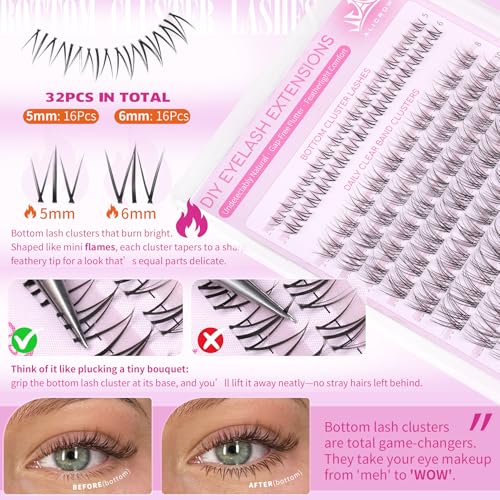 Natural Lash Clusters Wispy Lash Extensions with Bottom Lashes Clean Girl Makeup C Curly Eyelash Clusters with Invisible Band DIY Individual Lashes 132Pcs No Makeup Look