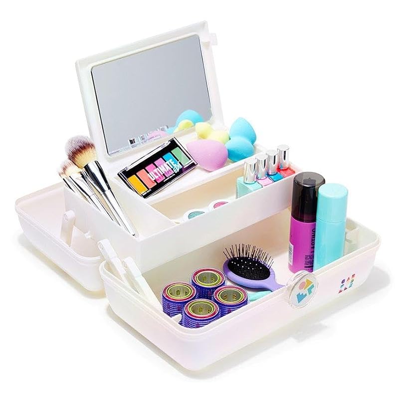 Travel Makeup Organizer Case with Mirror - White Opal, Hard Plastic, Spacious Storage & Secure Latch