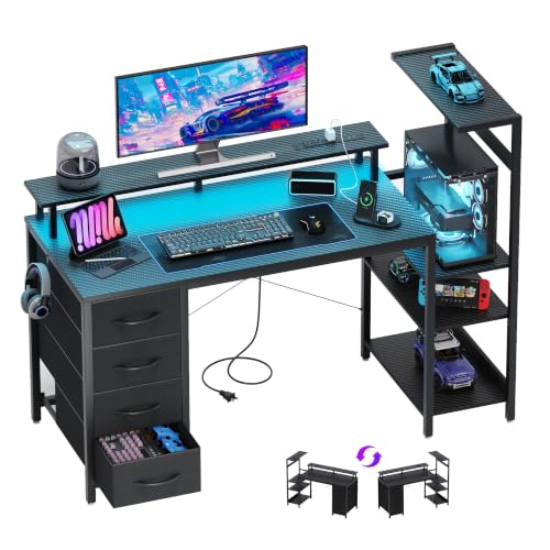 Carbon Fiber Black Gaming Desk 51 Inch with Drawers LED Lights & PC Stand
