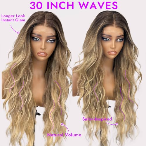 Long Ombre Blonde Wigs for Women - 30 Inch Wavy Synthetic 4x2 Lace Front - Natural Volume, Glueless Fit