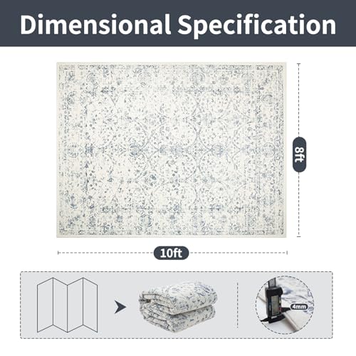 8' x 10' Boho Washable Area Rug for Living Room and Bedroom - White Blue
