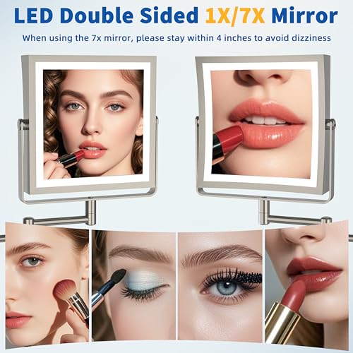 Ruacq Rechargeable Wall Mounted Makeup Mirror with Lights, Double Sided 1X/7X Magnifying Vanity Mirror with 3 Color Lights, Touch Screen Dimmable, 360¡Æ Rotation Extension Foldable (Brushed Nickel)