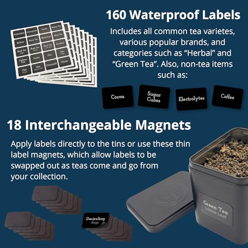 Black AllSpice Tea Organizer Rack with 9 Tins & Magnetic Labels – Kitchen Storage