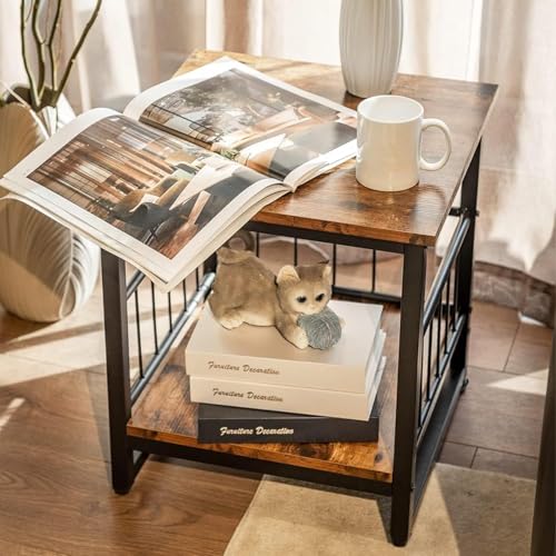 Rustic Brown Industrial End Table with Storage Shelf - 18x18 Inch Nightstand, Mini Fridge Stand, Bedside Table