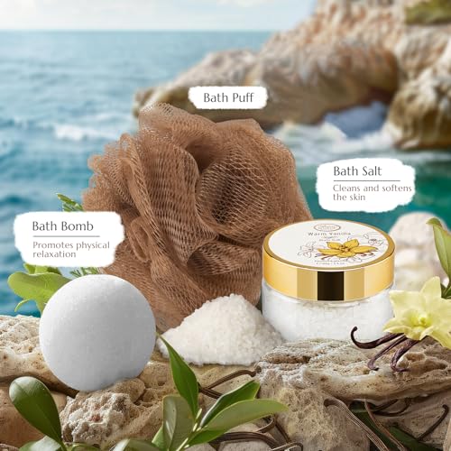 Bath & Body Gift Set, Warm Vanilla Sugar — 7pcs Gift Basket for Women (AriosoMonde)
