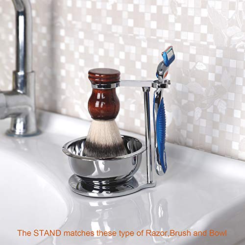 Chrome Shaving Razor & Brush Stand Set with Double Layer Stainless Steel Soap Bowl