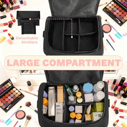 Tactical Makeup Bag with 3 Inner Clear Pouches and Cross Body Straps, Large Cosmetic Bags for Women, Travel Makeup Organizer for Home, Beauty Studio and Daily Use, Black