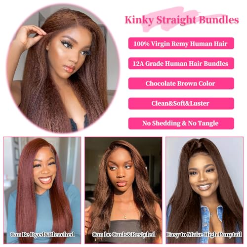 Fopeela 20 Inch #4 Kinky Straight Human Hair Bundles, 12A Brazilian Virgin Remy, Chocolate Brown