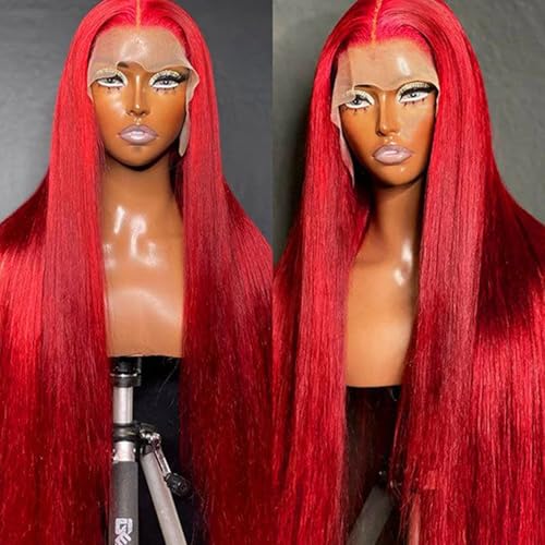 Missyvan Red Lace Front Wig 32 Inch Long Straight Synthetic Hair for Women