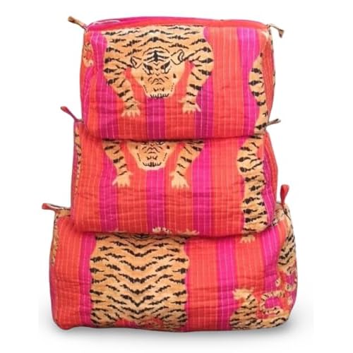 Quilted Cotton Tiger Print Travel Toiletry Bags, Cosmetic Organizer Set, Pink and Orange