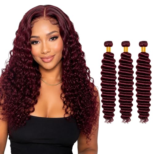 Burgundy Deep Wave Human Hair Bundles - 3 Pack 10/12/14 Inch - Burgundy #99J Variation D