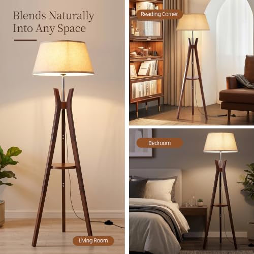 Walnut Floor Lamp with Shelves - 59 Inch Standing Lamp for Bedroom & Living Room - Booniture