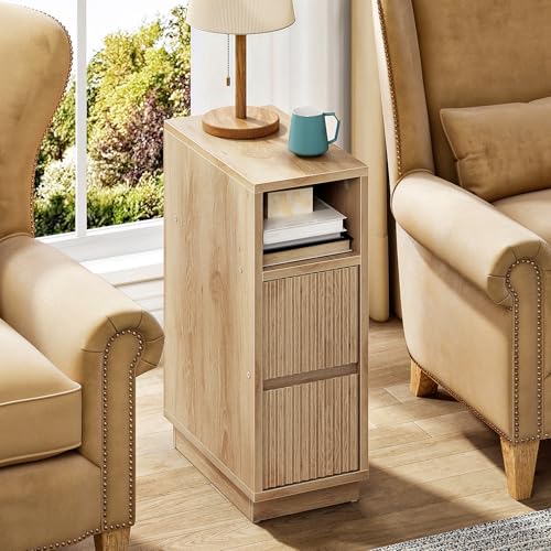 Natural CHOEZON 8.7-inch Narrow Fluted Nightstand with Drawers & Shelf - Small Modern Bedside Table