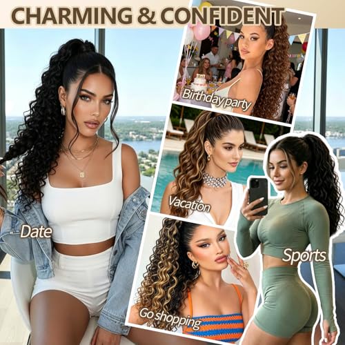 Water Wave Drawstring Ponytail Extension - Auburn Ginger, 28 Inch, Curly Hair