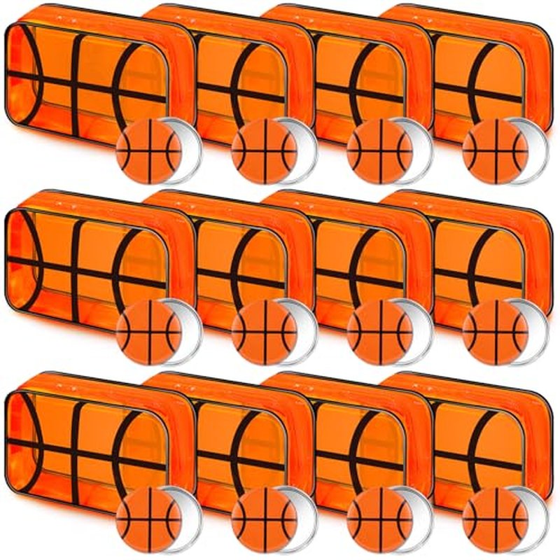 24 Pcs Basketball Gifts for Teen Girls 12 Basketball Makeup Bags with 12 Round Makeup Pocket Mirror, 7 x 4.7 x 2.4'' Cosmetic Bag Sport Gifts for Women Players Fans
