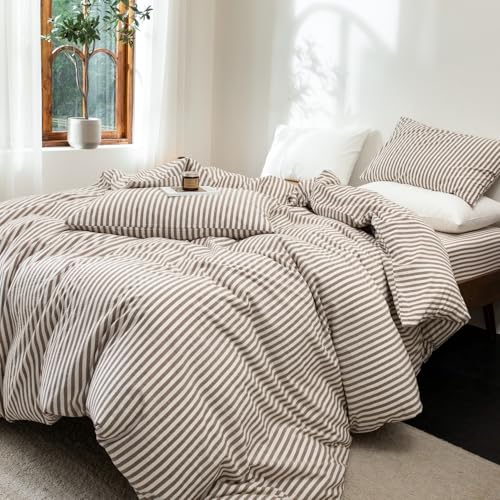 Striped Cotton Linen Feel Duvet Cover Set King Cocoa Brown Variation