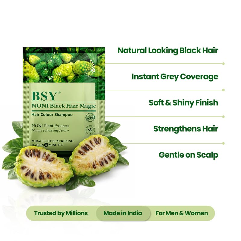 BSY Noni Black Hair Magic 20 Sachets - Instant Natural Black Hair Dye, Ammonia-Free, 5-Minute Hair Color for Men & Women