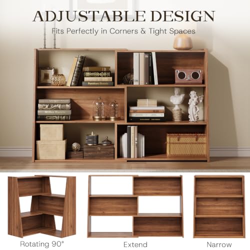 Extendable Bookshelf - Adjustable Low Bookcase in Walnut Finish