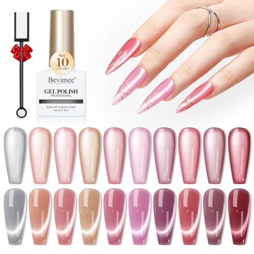 Cateye Gel Polish Set With Magnet, Pink Purple Red 10 Colors Jelly Magnetic Nail Polish Moonlight, Holographic Glass Shimmer Glitter Soak Off UV Gel Salon DIY At Home, 8ml