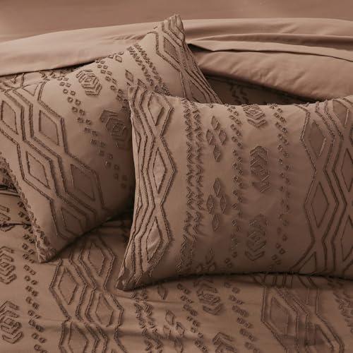 King Size Brown Tufted Boho Comforter Set - 7 Pieces, Farmhouse Style