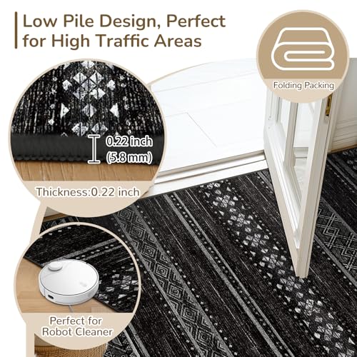 Black and White 8x10 Washable Area Rug for Living Room & Bedroom - Modern Boho Style