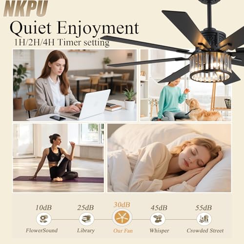 Farmhouse Crystal Ceiling Fan with Lights and Remote - Black 52 Inch with Dual Blades