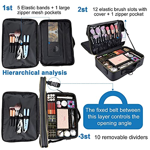 Large Capacity Travel Makeup Case - Black Portable Organizer with Adjustable Dividers and Shoulder Strap