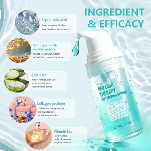 Red Light Therapy Activation Serum-Boost Collagen,Enhance LED Mask&Facial devices Effects by Red Light Therapy For face &neck, Anti-Aging Serum With Copper Tripeptide, Caffeine,Vitamin E, 1.01FLoz