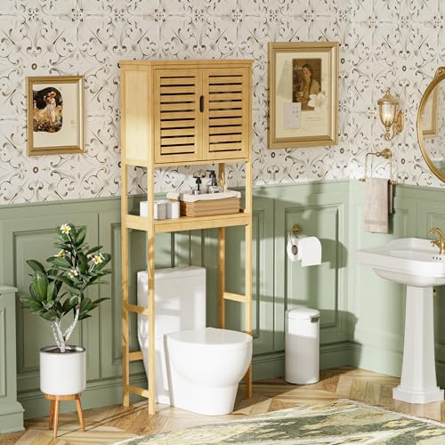 Bathroom Over Toilet Storage Cabinet - Natural Bamboo, 2 Doors & Adjustable Shelves