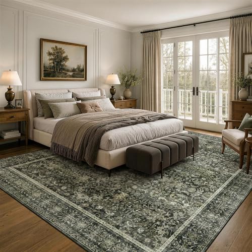 Neigeluo 8x10 Green Area Rug - Washable Vintage Persian Design, Non-Slip Indoor Carpet for Living Room & Bedroom