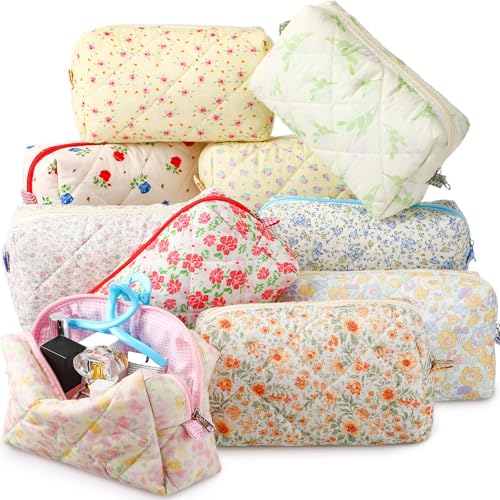 Paterr 10 Pcs Quilted Makeup Bag Bulk Cotton Floral Cosmetic Bag Women Girls Bridesmaid Gifts Cute Makeup Pouch Coquette Aesthetic Travel Toiletry Organizer(Classic Style,7.87 x 4.72 x 3.15 Inches)