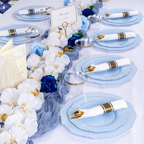 Light Blue Disposable Plastic Plates Set for Weddings & Parties - 350PCS