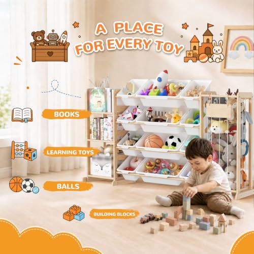 Sterlox Rectangular Toy Storage Organizer with 12 Bins & Stuffed Animal Storage - 58" Wide Kids Playroom Furniture