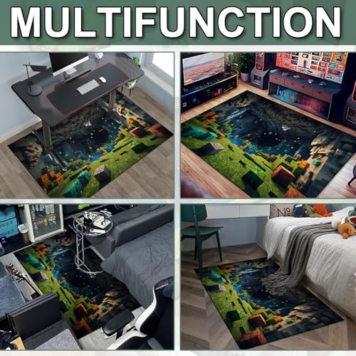Pixel Game Rug for Kids and Teens - Green Grass Karst Cave, 86 x 63 Inches - Non-Slip, Washable Playroom Carpet