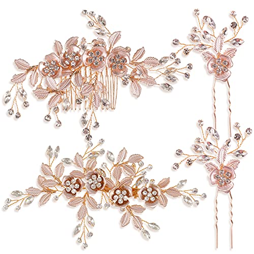 4 Pieces Bridal Rose Gold Hair Accessories Set for Weddings & Bridesmaids