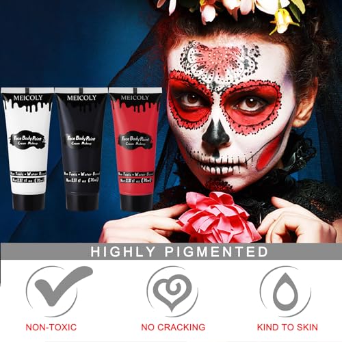 Black White Red Face Body Paint Set with Sponges & Setting Powder for Halloween Costumes