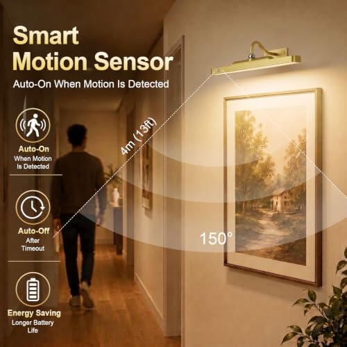 Rechargeable Motion Sensor Picture Light - Gold Wall Mount, 1 Pack - Dimmable, Remote Control