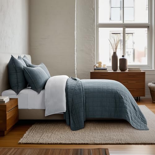 Evergracehome 100% Cotton Box Stitch Quilt Set – Queen Midnight Blue (92" x 96"), Full/Queen