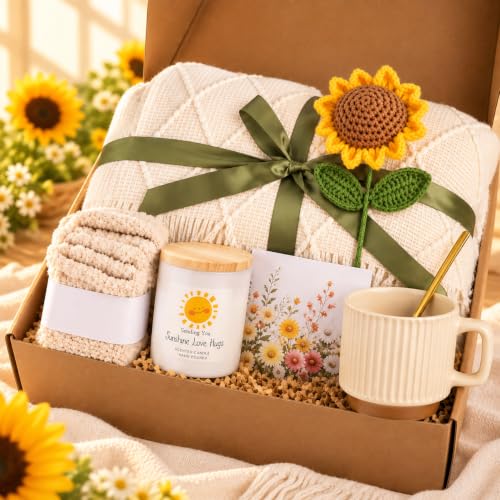 Sunflower Self Care Gift Basket for Women - Cozy Blanket, Fuzzy Socks & More
