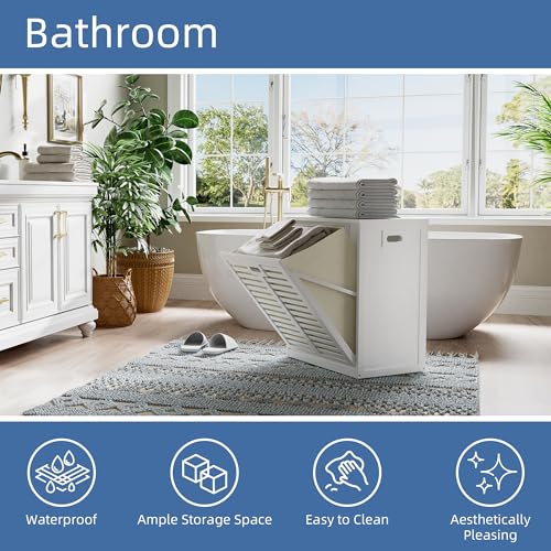 White Tilt Out Laundry Hamper Cabinet with 20 Gallon Basket & Bamboo Surface