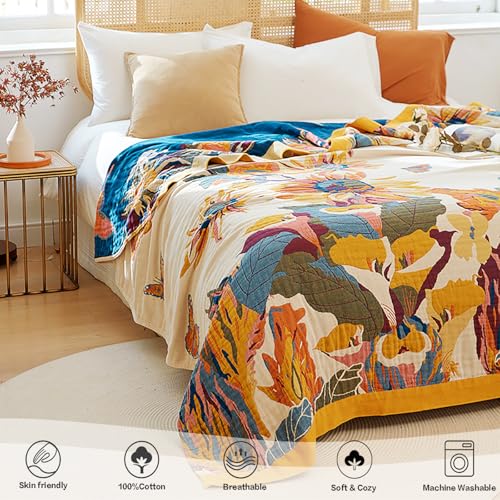 Cali King Boho Throw Blanket Floral Bird Butterfly Pattern Organic Cotton Oversized 91x108