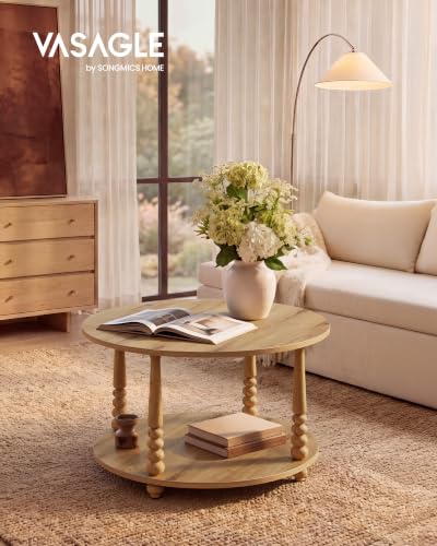 VASAGLE Natural Brown 2-Tier Round Coffee Table with Storage & Wooden Legs