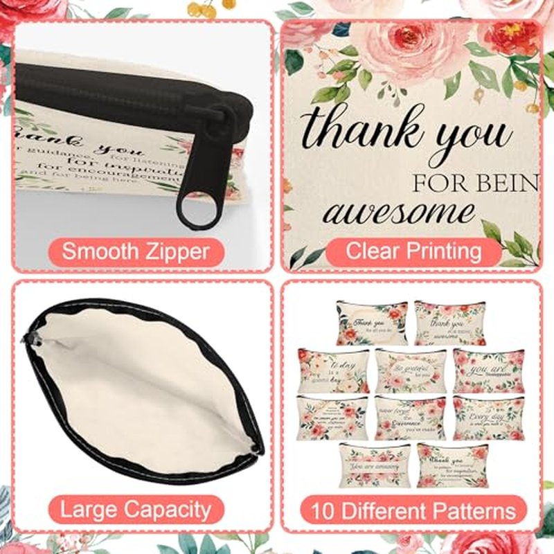30Pcs Inspirational Quotes Makeup Bag Canvas Cosmetic Bags Encouragement Travel Toiletry Pouch Thanksgiving Appreciation Gifts for Women Valentine's Day Mother¡¯s Day Wedding