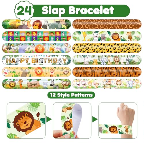 72PCS Jungle Party Set - 48PCS Temporary Tattoos & 24PCS Slap Bracelets Safari Themed Birthday Supplies, Baby Shower Gifts, Classroom Rewards & Party Decor for Kids (Boys & Girls)