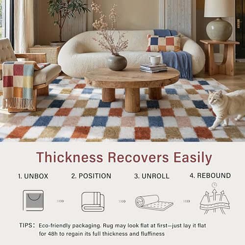 Rainbow Checkered Area Rug 6x9 ft Fluffy Shag Carpet for Living Room