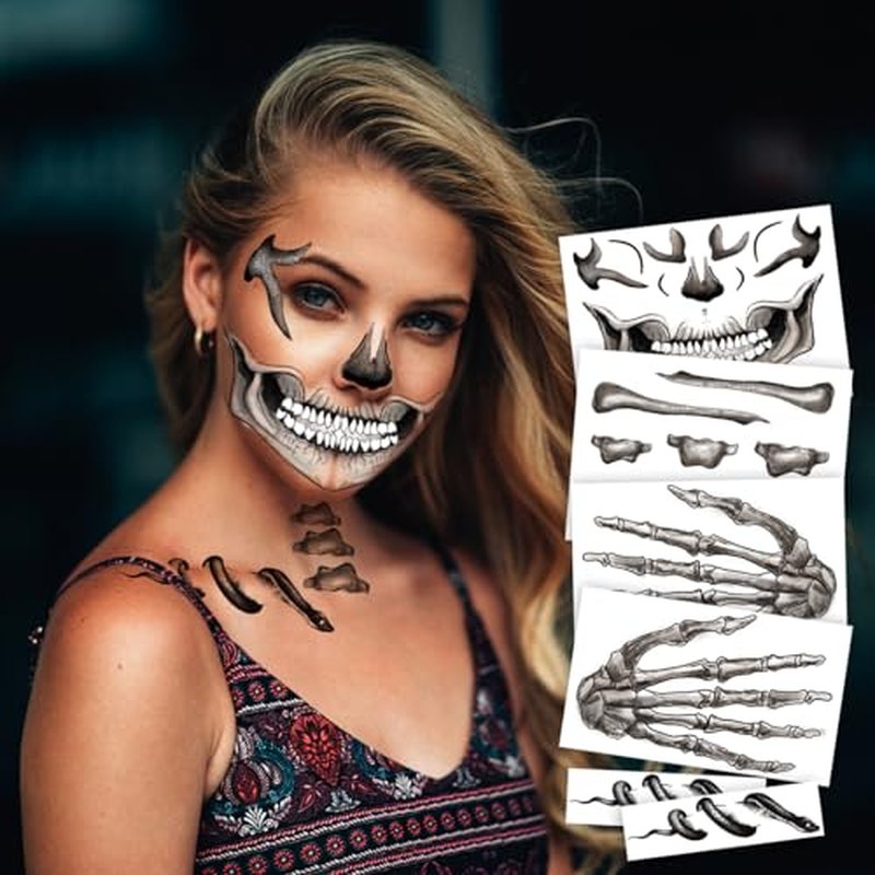 6-Pack Skull and Bone Temporary Tattoos for Men and Women, Adults ? Skeleton Face, Hand, Snake, and Collarbone Tattoos for Halloween Costume Cosplay and Party Makeup, Face Sticker